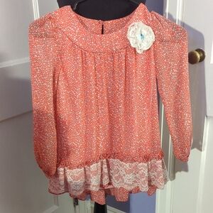 Jona Michelle Coral Blouse with White Lace Detail